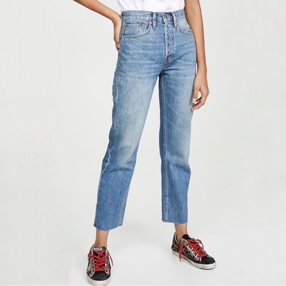 RE/DONE High Rise Stove Pipe Jeans Bright Indigo Raw Hem 28